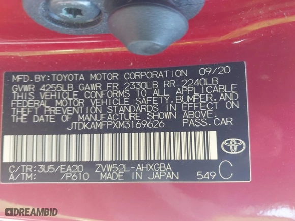 2021 Toyota Prius Prime LE with VIN JTDKAMFPXM3169626, listed as a IAAI auction lot 41772478 with 38,793 mi miles. Bid and sale history available at carsss.com. Image 9.