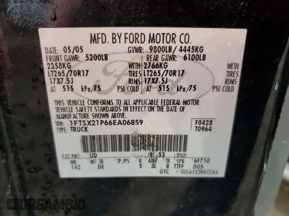 2006 Ford Super Duty F-250 XL with VIN 1FTSX21P66EA06859, listed as a Copart auction lot 66954964 with 0 mi miles and Salvage Title. Bid and sale history available at carsss.com. Image 12.