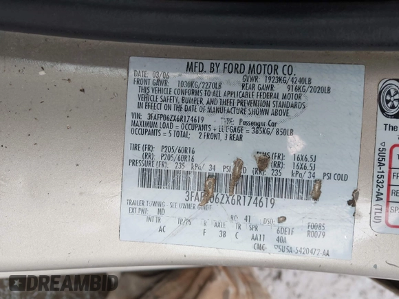 2006 Ford Fusion S with VIN 3FAFP06ZX6R174619, listed as a IAAI auction lot 41729383 with 163,948 mi miles and . Bid and sale history available at DreamBid. Image 9.