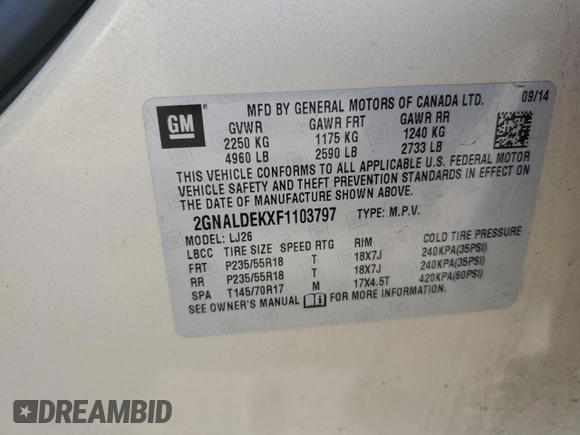 2015 Chevrolet Equinox LTZ with VIN 2GNALDEKXF1103797, listed as a Copart auction lot 50603955 with 147,234 mi miles and Clean Title. Bid and sale history available at carsss.com. Image 13.