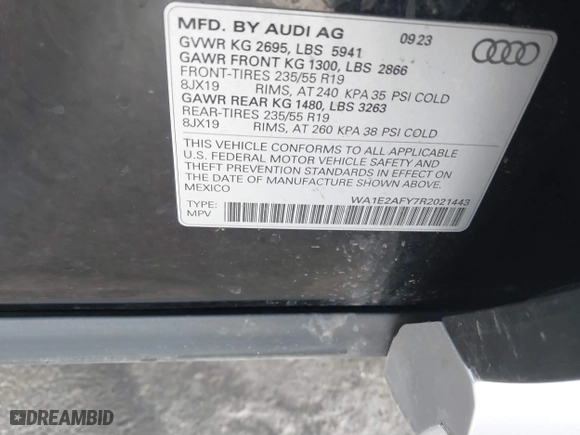 2024 Audi Q5 S line Premium Plus with VIN WA1E2AFY7R2021443, listed as a IAAI auction lot 41534974 with 7,512 mi miles. Bid and sale history available at carsss.com. Image 9.
