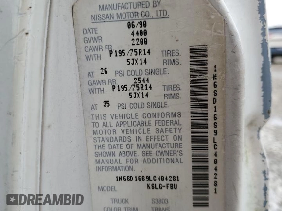 1990 Nissan Frontier with VIN 1N6SD16S9LC404281, listed as a Copart auction lot 84214904 with 279,270 mi miles and Salvage title. Bid and sale history available at DreamBid. Image 14.