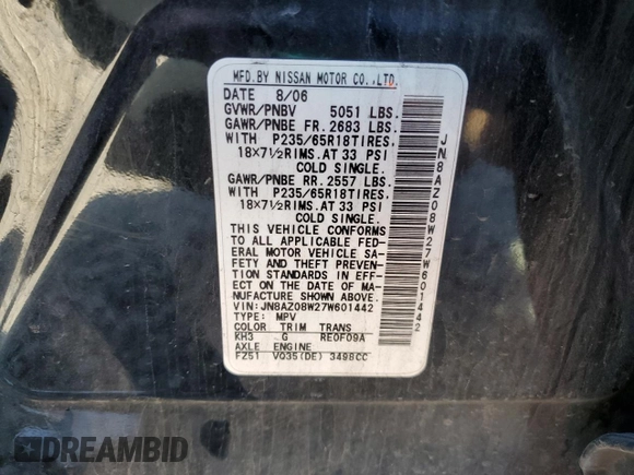 2007 Nissan Murano SL with VIN JN8AZ08W27W601442, listed as a Copart auction lot 47208515 with 186,720 mi miles and Salvage Title. Bid and sale history available at DreamBid. Image 13.