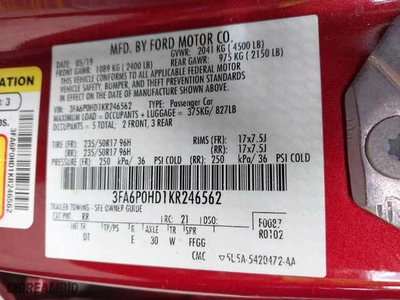 2019 Ford Fusion SE with VIN 3FA6P0HD1KR246562, listed as a IAAI auction lot 41721415 with 92,027 mi miles. Bid and sale history available at carsss.com. Image 9.