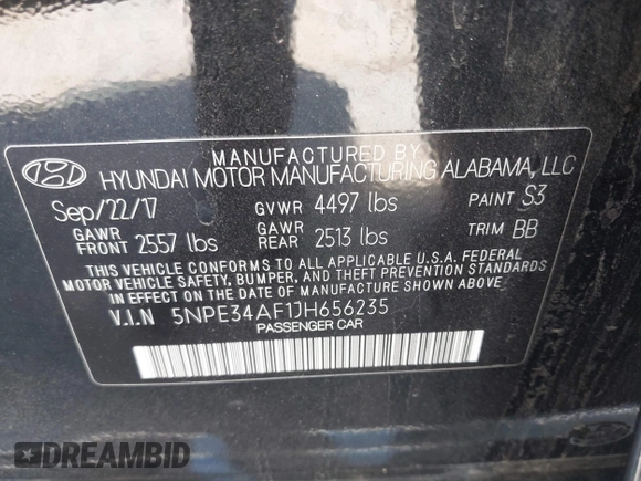 2018 Hyundai Sonata SEL with VIN 5NPE34AF1JH656235, listed as a IAAI auction lot 41836207 with 91,376 mi miles and . Bid and sale history available at DreamBid. Image 9.