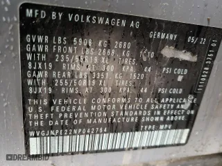2022 Volkswagen ID.4 Pro with VIN WVGJNPE22NP042754, listed as a Copart auction lot 46963443 with 7,051 mi miles. Bid and sale history available at carsss.com. Image 12.