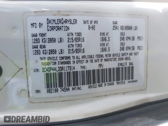 2003 Chrysler Town & Country LX with VIN 2C4GP44L33R117314, listed as a IAAI auction lot 41674437 with Not Provided miles and . Bid and sale history available at DreamBid. Image 9.