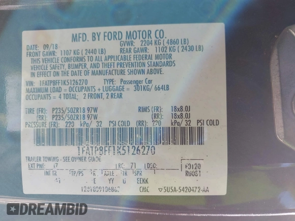 2019 Ford Mustang GT Premium with VIN 1FATP8FF1K5126270, listed as a IAAI auction lot 41778058 with Not Provided miles. Bid and sale history available at carsss.com. Image 9.