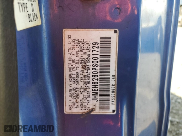 1993 Honda del Sol Si z VIN JHMEH6260PS001729, wystawiony jako Copart lot #43269695 z przebiegiem 109 102 mil mil oraz Szkoda całkowita • Salvage title. Historia ofert i sprzedaży dostępna na DreamBid. Obrazek 12.