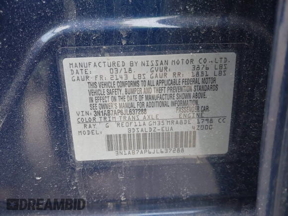 2018 Nissan Sentra SV with VIN 3N1AB7AP6JL637288, listed as a IAAI auction lot 41820941 with 90,122 mi miles. Bid and sale history available at carsss.com. Image 9.