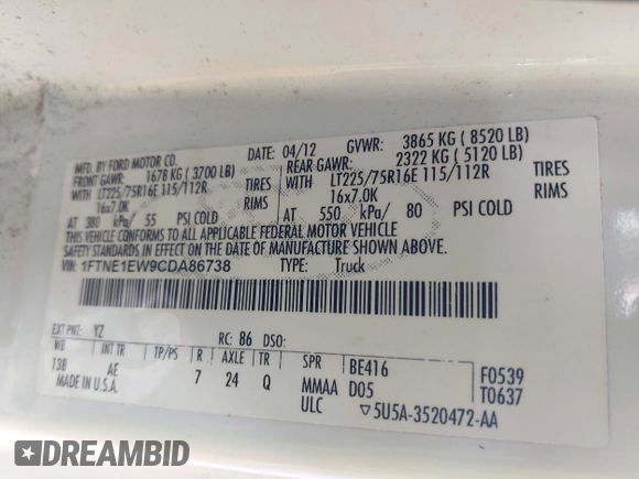 2012 Ford Econoline Cargo Commercial with VIN 1FTNE1EW9CDA86738, listed as a IAAI auction lot 42464315 with 180,322 mi miles and . Bid and sale history available at DreamBid. Image 9.