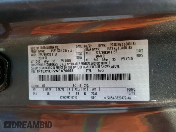 2022 Ford F-150 XL with VIN 1FTEX1EP2NFA76658, listed as a Copart auction lot 44104645 with 44,315 mi miles and Salvage title. Bid and sale history available at DreamBid. Image 14.