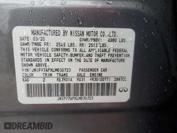 2020 Infiniti Q50 Red Sport 400 with VIN JN1FV7APXLM630723, listed as a Copart auction lot 86551714 with 45,596 mi miles and Salvage Title. Bid and sale history available at carsss.com. Image 14.