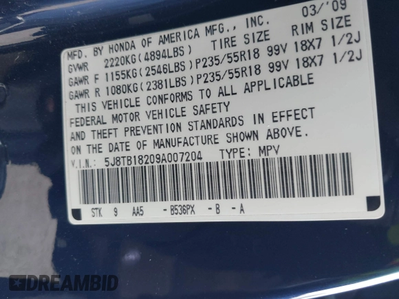 2009 Acura RDX with VIN 5J8TB18209A007204, listed as a IAAI auction lot 42163795 with 201,040 mi miles and . Bid and sale history available at DreamBid. Image 9.
