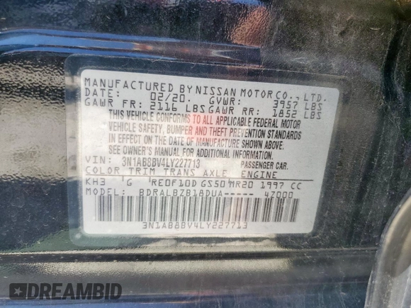 2020 Nissan Sentra S z VIN 3N1AB8BV4LY227713, wystawiony jako Copart lot #57576805 z przebiegiem 78 669 mil mil oraz Szkoda całkowita • Salvage title. Historia ofert i sprzedaży dostępna na DreamBid. Obrazek 12.