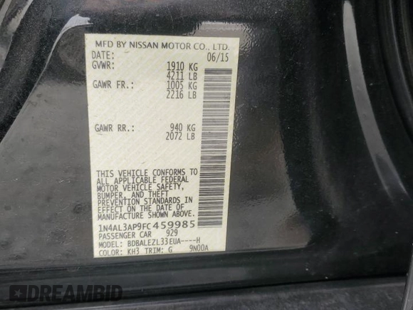 2015 Nissan Altima SV with VIN 1N4AL3AP9FC459985, listed as a Copart auction lot 44334295 with 104,275 mi miles and Salvage Title. Bid and sale history available at DreamBid. Image 12.