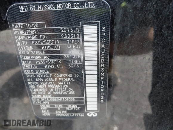 2021 Infiniti QX50 Luxe z VIN 3PCAJ5BB3MF109038, wystawiony jako IAAI lot #42232309 z przebiegiem 41 124 mil mil oraz . Historia ofert i sprzedaży dostępna na DreamBid. Obrazek 9.