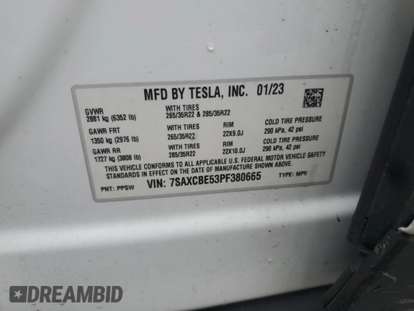 2023 Tesla Model X with VIN 7SAXCBE53PF380665, listed as a Copart auction lot 50799755 with Not Provided miles and Salvage Title. Bid and sale history available at DreamBid. Image 13.