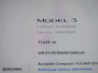 2019 Tesla Model 3 Long Range with VIN 5YJ3E1EB0KF386048, listed as a IAAI auction lot 41287557 with 77,930 mi miles. Bid and sale history available at carsss.com. Image 15.