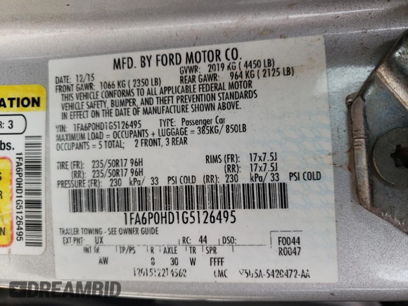 2016 Ford Fusion SE with VIN 1FA6P0HD1G5126495, listed as a Copart auction lot 45844355 with 145,545 mi miles and Salvage Title. Bid and sale history available at DreamBid. Image 15.
