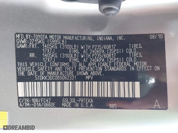 2011 Toyota Sienna LE AAS with VIN 5TDKK3DC0BS062331, listed as a IAAI auction lot 41656457 with 188,602 mi miles. Bid and sale history available at carsss.com. Image 9.