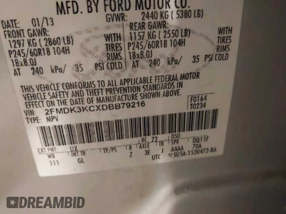 2013 Ford Edge Limited with VIN 2FMDK3KCXDBB79216, listed as a IAAI auction lot 41967960 with 172,448 mi miles and . Bid and sale history available at DreamBid. Image 9.