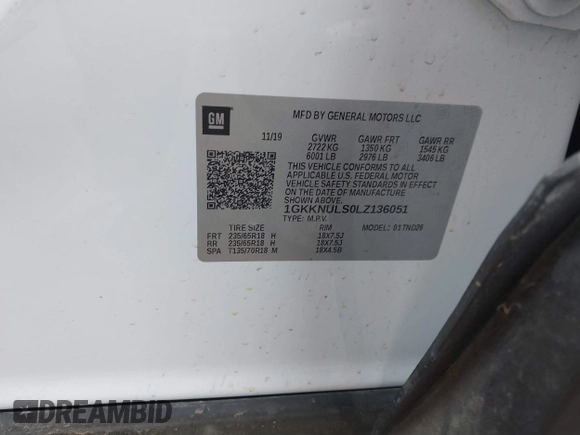 2020 GMC Acadia SLT with VIN 1GKKNULS0LZ136051, listed as a IAAI auction lot 41236862 with 59,176 mi miles and . Bid and sale history available at DreamBid. Image 9.