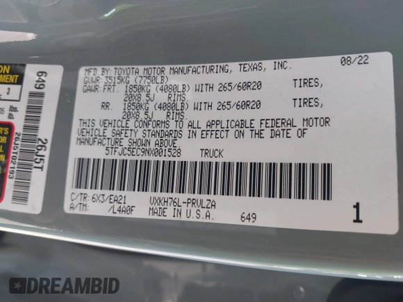 2022 Toyota Tundra Limited Hybrid with VIN 5TFJC5EC9NX001528, listed as a IAAI auction lot 41625774 with 57,475 mi miles and . Bid and sale history available at DreamBid. Image 9.