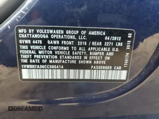 2012 Volkswagen Passat SE z VIN 1VWBH7A36CC085414, wystawiony jako Copart lot #56367125 z przebiegiem 158 442 mil mil oraz Szkoda całkowita • Salvage title. Historia ofert i sprzedaży dostępna na DreamBid. Obrazek 12.