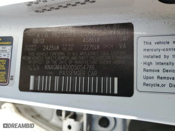 2013 Kia Optima Hybrid EX with VIN KNAGM4AD0D5054786, listed as a Copart auction lot 49145465 with 254,332 mi miles and Clean Title. Bid and sale history available at carsss.com. Image 12.