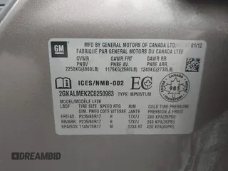 2012 GMC Terrain SLE-1 with VIN 2GKALMEK2C6250983, listed as a IAAI auction lot 42658921 with 175,460 mi miles and . Bid and sale history available at DreamBid. Image 9.