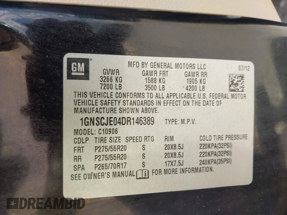 2013 Chevrolet Suburban LT с VIN 1GNSCJE04DR146389, выставлен на аукционе IAAI как лот 42234931 с пробегом 77 555 миль миль и . История ставок и продаж доступна на DreamBid. Изображение 9.