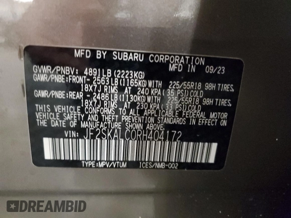 2024 Subaru Forester Limited with VIN JF2SKALC0RH404172, listed as a Copart auction lot 60431255 with 22,348 mi miles and Salvage title. Bid and sale history available at DreamBid. Image 13.