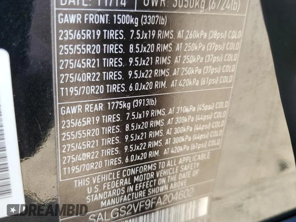 2015 Land Rover Range Rover HSE with VIN SALGS2VF9FA204602, listed as a Copart auction lot 49229455 with 97,940 mi miles and Salvage title. Bid and sale history available at DreamBid. Image 14.