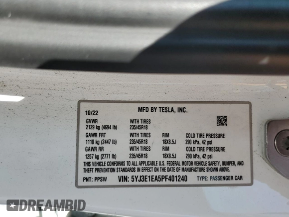 2023 Tesla Model 3 z VIN 5YJ3E1EA5PF401240, wystawiony jako Copart lot #56548895 z przebiegiem 25 188 mil mil oraz Szkoda całkowita • Salvage title. Historia ofert i sprzedaży dostępna na DreamBid. Obrazek 12.