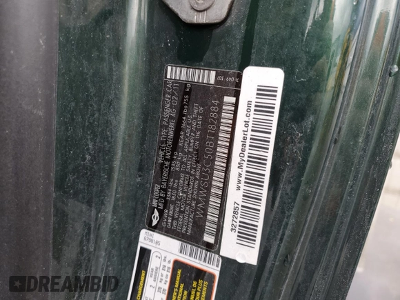2011 MINI Hardtop z VIN WMWSU3C50BT182884, wystawiony jako Copart lot #56291255 z przebiegiem Nie podano mil oraz Szkoda całkowita • Salvage title. Historia ofert i sprzedaży dostępna na DreamBid. Obrazek 12.
