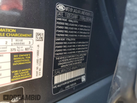 2021 Land Rover Range Rover Sport Autobiography with VIN SALWV2SE4MA771313, listed as a Copart auction lot 70331044 with 40,578 mi miles and Salvage title. Bid and sale history available at DreamBid. Image 13.