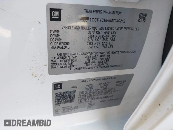 2021 Chevrolet Silverado 1500 Custom Trail Boss with VIN 1GCPYCEF6MZ240242, listed as a IAAI auction lot 41218492 with Not Provided miles and . Bid and sale history available at DreamBid. Image 9.