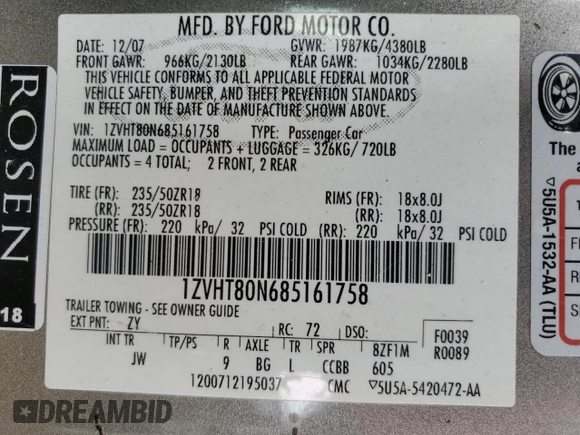 2008 Ford Mustang Deluxe with VIN 1ZVHT80N685161758, listed as a Copart auction lot 53351895 with 179,707 mi miles and Salvage Title. Bid and sale history available at carsss.com. Image 12.