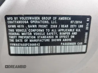 2015 Volkswagen Passat S with VIN 1VWAS7A32FC008542, listed as a Copart auction lot 52530915 with 109,330 mi miles and Salvage title. Bid and sale history available at DreamBid. Image 12.