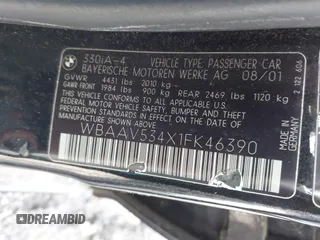 2001 BMW 3 Series 330i with VIN WBAAV534X1FK46390, listed as a IAAI auction lot 41620264 with 1 mi miles. Bid and sale history available at carsss.com. Image 9.