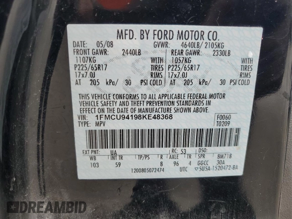 2008 Ford Escape Limited with VIN 1FMCU94198KE48368, listed as a Copart auction lot 60950934 with 246,923 mi miles and Salvage Title. Bid and sale history available at carsss.com. Image 13.