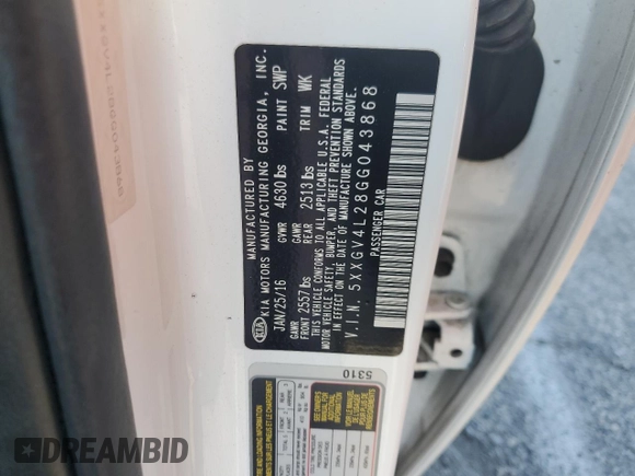 2016 Kia Optima SXL Turbo with VIN 5XXGV4L28GG043868, listed as a Copart auction lot 50427905 with 93,452 mi miles and Salvage title. Bid and sale history available at DreamBid. Image 13.