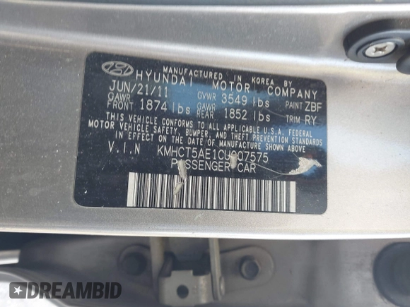 2012 Hyundai Accent GS with VIN KMHCT5AE1CU007575, listed as a IAAI auction lot 42720094 with 132,118 mi miles and . Bid and sale history available at DreamBid. Image 9.