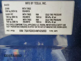 2022 Tesla Model Y Long Range z VIN 7SAYGDEE4NF426893, wystawiony jako Copart lot #55809275 z przebiegiem 16 083 mil mil oraz Szkoda całkowita • Salvage title. Historia ofert i sprzedaży dostępna na DreamBid. Obrazek 13.