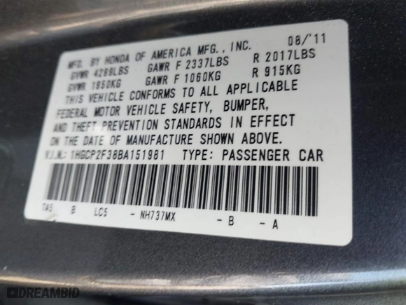 2011 Honda Accord Sdn LX with VIN 1HGCP2F38BA151981, listed as a IAAI auction lot 41792179 with 93406 miles. Bid and sale history available at carsss.com. Image 9.