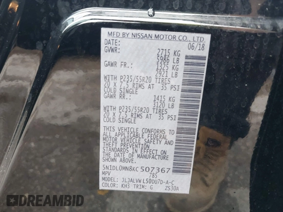 2019 Infiniti QX60 Luxe with VIN 5N1DL0MN8KC507367, listed as a IAAI auction lot 42476877 with 69,810 mi miles and . Bid and sale history available at DreamBid. Image 9.