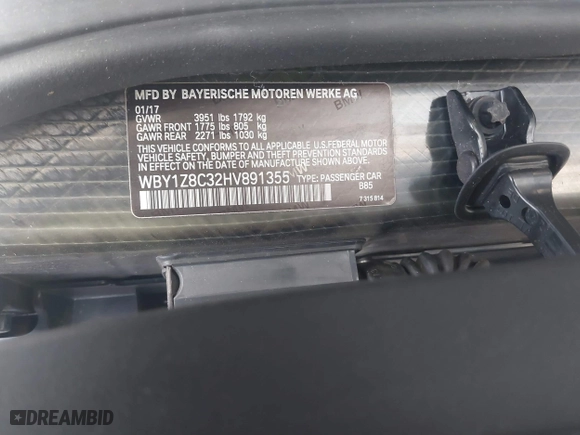 2017 BMW i3 with VIN WBY1Z8C32HV891355, listed as a IAAI auction lot 41723555 with 77,773 mi miles. Bid and sale history available at carsss.com. Image 9.