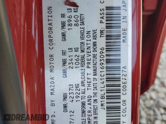 2012 Mazda 3 Mazdaspeed3 Touring z VIN JM1BL1L41C1693096, wystawiony jako Copart lot #58041335 z przebiegiem 88 337 mil mil oraz Szkoda całkowita • Salvage title. Historia ofert i sprzedaży dostępna na DreamBid. Obrazek 13.