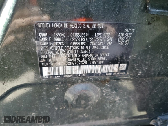 2017 Honda HR-V LX with VIN 3CZRU6H3XHG707329, listed as a Copart auction lot 48819235 with Not Provided miles and Salvage Title. Bid and sale history available at DreamBid. Image 15.